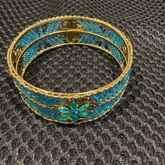 Boho Blue Beaded Cuff Bracelet with Turquoise Flower Detail - Picture 8 of 9